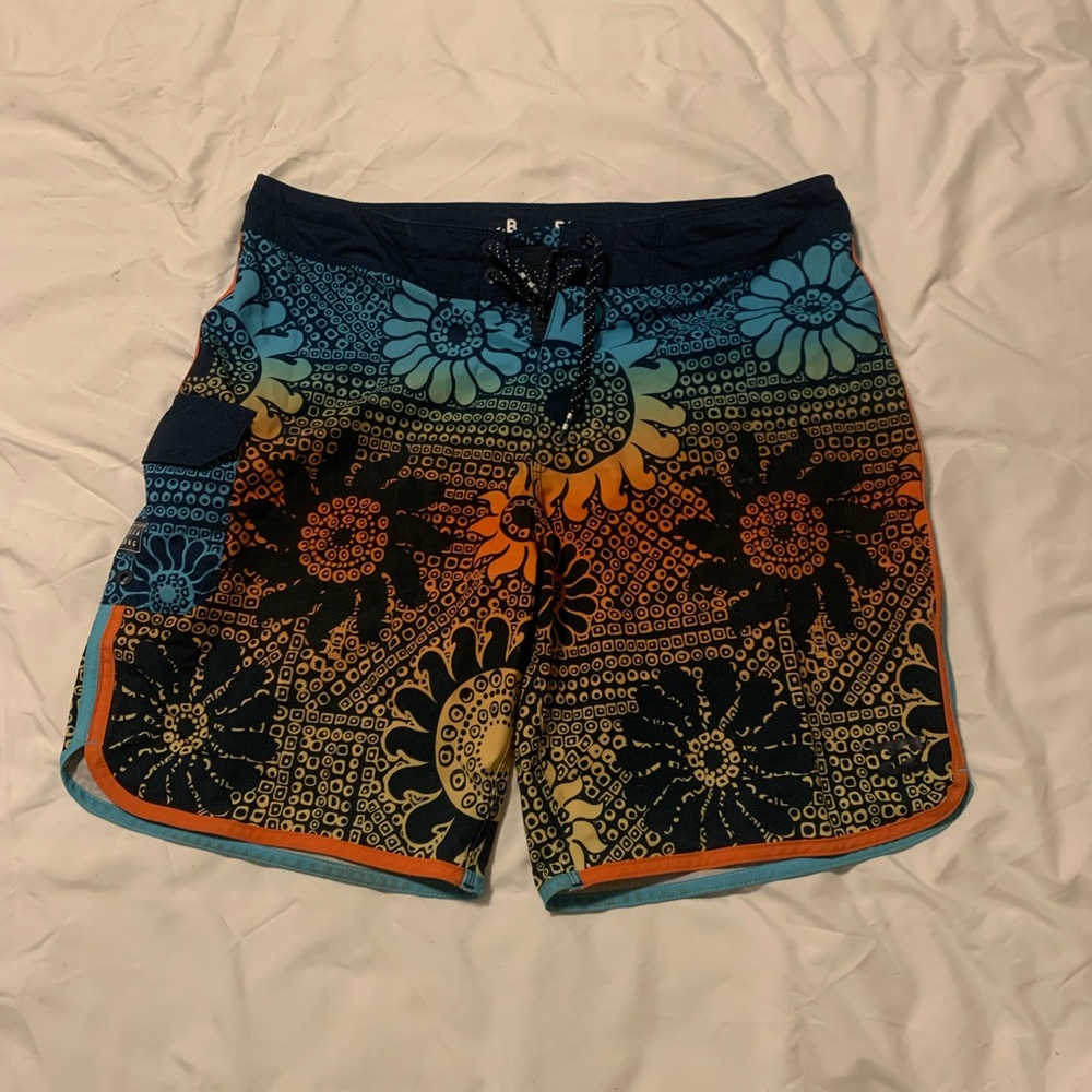 Men’s Billabong Blue and Orange Board Shorts with Floral Design